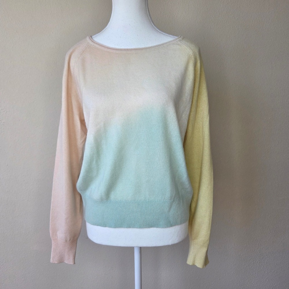 White + Warren 100% Cashmere Ombre Dip Dye Sweater Pastel Peach Yellow Mint XS